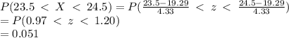 P(23.5 \: < \: X \: < \: 24.5) = P( \frac{23.5 - 19.29}{4.33} \: < \: z \: < \:  \frac{24.5 - 19.29}{4.33} ) \\  = P( 0.97\: < \: z \: < \:  1.20) \\  = 0.051