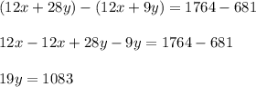 (12x+28y)-(12x+9y)=1764-681\\\\12x-12x+28y-9y=1764-681\\\\19y=1083