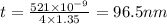 t=\frac{521\times 10^{-9}}{4\times 1.35}=96.5nm