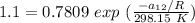 1.1 = 0.7809 \ exp \  (\frac{-a_{12}/R}{298.15 \ K} )