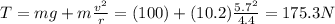 T=mg+m\frac{v^2}{r}=(100)+(10.2)\frac{5.7^2}{4.4}=175.3 N