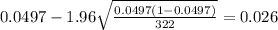 0.0497 - 1.96\sqrt{\frac{0.0497(1-0.0497)}{322}}=0.026