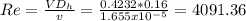 Re=\frac{VD_{h} }{v} =\frac{0.4232*0.16}{1.655x10^{-5} } =4091.36
