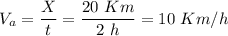 \displaystyle V_a=\frac{X}{t}=\frac{20\ Km}{2\ h}=10\ Km/h