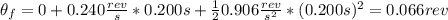 \theta_{f} = 0 + 0.240 \frac{rev}{s}*0.200 s + \frac{1}{2}0.906 \frac{rev}{s^{2}}*(0.200 s)^{2} = 0.066 rev