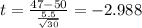 t=\frac{47-50}{\frac{5.5}{\sqrt{30}}}=-2.988