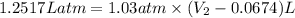 1.2517Latm=1.03atm\times (V_2-0.0674)L