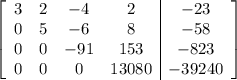 \left[\begin{array}{cccc|c}3&2&-4&2&-23\\0&5&-6&8&-58\\0&0&-91&153&-823\\0&0&0&13080&-39240\end{array}\right]