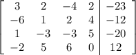 \left[\begin{array}{cccc|c}3&2&-4&2&-23\\-6&1&2&4&-12\\1&-3&-3&5&-20\\-2&5&6&0&12\end{array}\right]