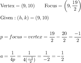 \text{Vertex}=(9, 10)\qquad \text{Focus}=\bigg(9,\dfrac{19}{2}\bigg)\\\\\text{Given}:(h, k)=(9, 10)\\\\\\p=focus-vertex=\dfrac{19}{2}-\dfrac{20}{2}=\dfrac{-1}{2}\\\\\\a=\dfrac{1}{4p}=\dfrac{1}{4(\frac{-1}{2})}=\dfrac{1}{-2}=-\dfrac{1}{2}\\