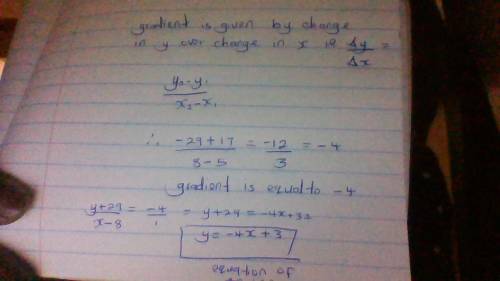 Write an equation of the line passing through the given points. (5, -17) and (8.-29)