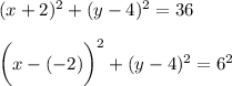 (x+2)^2+(y-4)^2=36\\\\\bigg(x-(-2)\bigg)^2+(y-4)^2=6^2