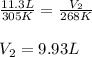 \frac{11.3L}{305K}=\frac{V_2}{268K}\\\\V_2=9.93L