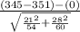 \frac{(345-351)-(0)}{\sqrt{\frac{21^{2} }{54}+\frac{28^{2} }{60} } }