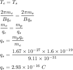 T_e=T_s\\\\\dfrac{2\pi m_e}{Bq_e}=\dfrac{2\pi m_s}{Bq_s}\\\\\dfrac{m_e}{q_e}=\dfrac{m_p}{q_s}\\\\q_s=\dfrac{m_pq_e}{m_e}\\\\q_s=\dfrac{1.67\times 10^{-27}\times 1.6\times 10^{-19}}{9.11\times 10^{-31}}\\\\q_s=2.93\times 10^{-16}\ C