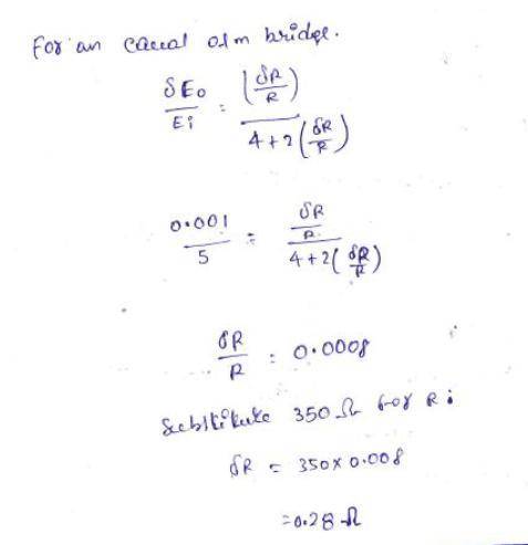 A strain gauge has a nominal resistance of 350 \Omega with a gauge factor of GF=1.8 and senses axial