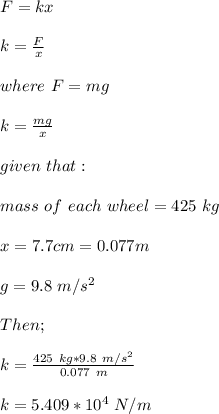 F = kx\\\\k =\frac{F}{x}\\\\where \ F = mg\\\\k = \frac{mg}{x}\\\\given \ that:\\\\mass \ of \ each \ wheel = 425 \ kg\\\\x = 7.7cm = 0.077 m\\\\g = 9.8 \ m/s^2\\\\Then;\\\\k = \frac{425 \ kg * 9.8 \ m/s^2}{0.077 \ m}\\\\k = 5.409*10^4 \ N/m
