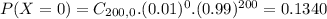 P(X = 0) = C_{200,0}.(0.01)^{0}.(0.99)^{200} = 0.1340