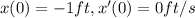 x(0) = -1ft , x'(0) = 0ft/s