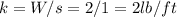 k = W/s = 2/1 = 2lb/ft