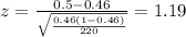 z=\frac{0.5 -0.46}{\sqrt{\frac{0.46(1-0.46)}{220}}}=1.19