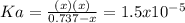 Ka=\frac{(x)(x)}{0.737-x}=1.5x10^{-5}