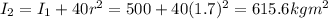 I_2=I_1+40r^2=500+40(1.7)^2=615.6kgm^2