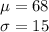 \mu=68\\\sigma=15