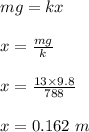 mg = kx\\\\x = \frac{mg}{k} \\\\x = \frac{13 \times 9.8}{788} \\\\x = 0.162 \ m