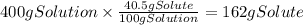 400gSolution \times \frac{40.5gSolute}{100gSolution} = 162 g Solute