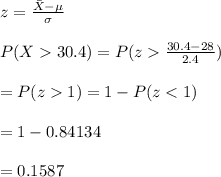 z=\frac{\bar X-\mu}{\sigma}\\\\P(X30.4)=P(z\frac{30.4-28}{2.4})\\\\=P(z1)=1-P(z