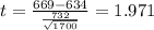 t=\frac{669-634}{\frac{732}{\sqrt{1700}}}=1.971
