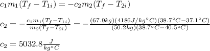 c_1m_1(T_f-T_{1i})=-c_2m_2(T_f-T_{2i})\\\\c_2=-\frac{c_1m_1(T_f-T_{1i})}{m_2(T_f-T_{2i})}=-\frac{(67.9kg)(4186J/kg\°C)(38.7\°C-37.1\°C)}{(50.2kg)(38.7\°C-40.5\°C)}\\\\c_2=5032.8\frac{J}{kg\°C}