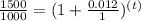 \frac{1500}{1000} =(1+\frac{0.012}{1} )^{(t)}