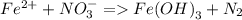 Fe^{2+} +NO_{3}^{-}  = Fe{(OH)}_3 + N_2