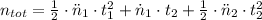 n_{tot} = \frac{1}{2}\cdot \ddot n_{1}\cdot t_{1}^{2} + \dot n_{1}\cdot t_{2}+\frac{1}{2}\cdot \ddot n_{2}\cdot t_{2}^{2}