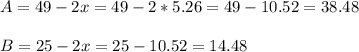 A=49-2x=49-2*5.26=49-10.52=38.48\\\\B=25-2x=25-10.52=14.48