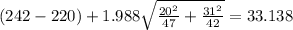 (242-220) +1.988 \sqrt{\frac{20^2}{47} +\frac{31^2}{42}}= 33.138