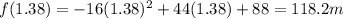 f(1.38)=-16(1.38)^2 + 44(1.38)+88=118.2 m