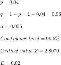 p = 0.04 \\\\q = 1 - p =1- 0.04= 0.96\\\\\alpha = 0.005\\\\Confidence \ level = 99.5\% \\\\Critical \ value \ Z = 2.8070\\\\E = 0.02\\\\