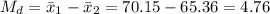 M_d=\bar x_1-\bar x_2=70.15-65.36=4.76