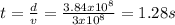 t=\frac{d}{v} =\frac{3.84x10^{8} }{3x10^{8} } =1.28s