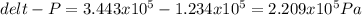 delt-P=3.443x10^{5} -1.234x10^{5} =2.209x10^{5} Pa