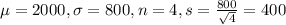 \mu = 2000, \sigma = 800, n = 4, s = \frac{800}{\sqrt{4}} = 400