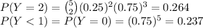 P(Y=2) = {5 \choose 2} (0.25)^2(0.75)^3 = 0.264\\P(Y