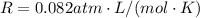 R=0.082 atm \cdot L/(mol \cdot K)