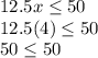 12.5x\leq 50\\12.5(4)\leq 50\\50\leq 50