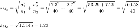 s_{M_d}=\sqrt{\dfrac{\sigma_1^2}{n_1}+\dfrac{\sigma_2^2}{n_2}}=\sqrt{\dfrac{7.3^2}{40}+\dfrac{2.7^2}{40}}=\sqrt{\dfrac{53.29+7.29}{40}}=\sqrt{\dfrac{60.58}{40}}\\\\\\s_{M_d}=\sqrt{1.5145}=1.23