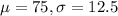 \mu = 75, \sigma = 12.5