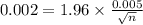 0.002=1.96\times \frac{0.005}{\sqrt{n}}